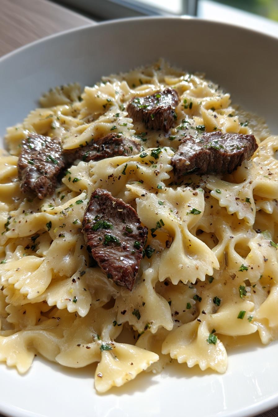 creamy parmesan garlic beef bowtie pasta - detail 2