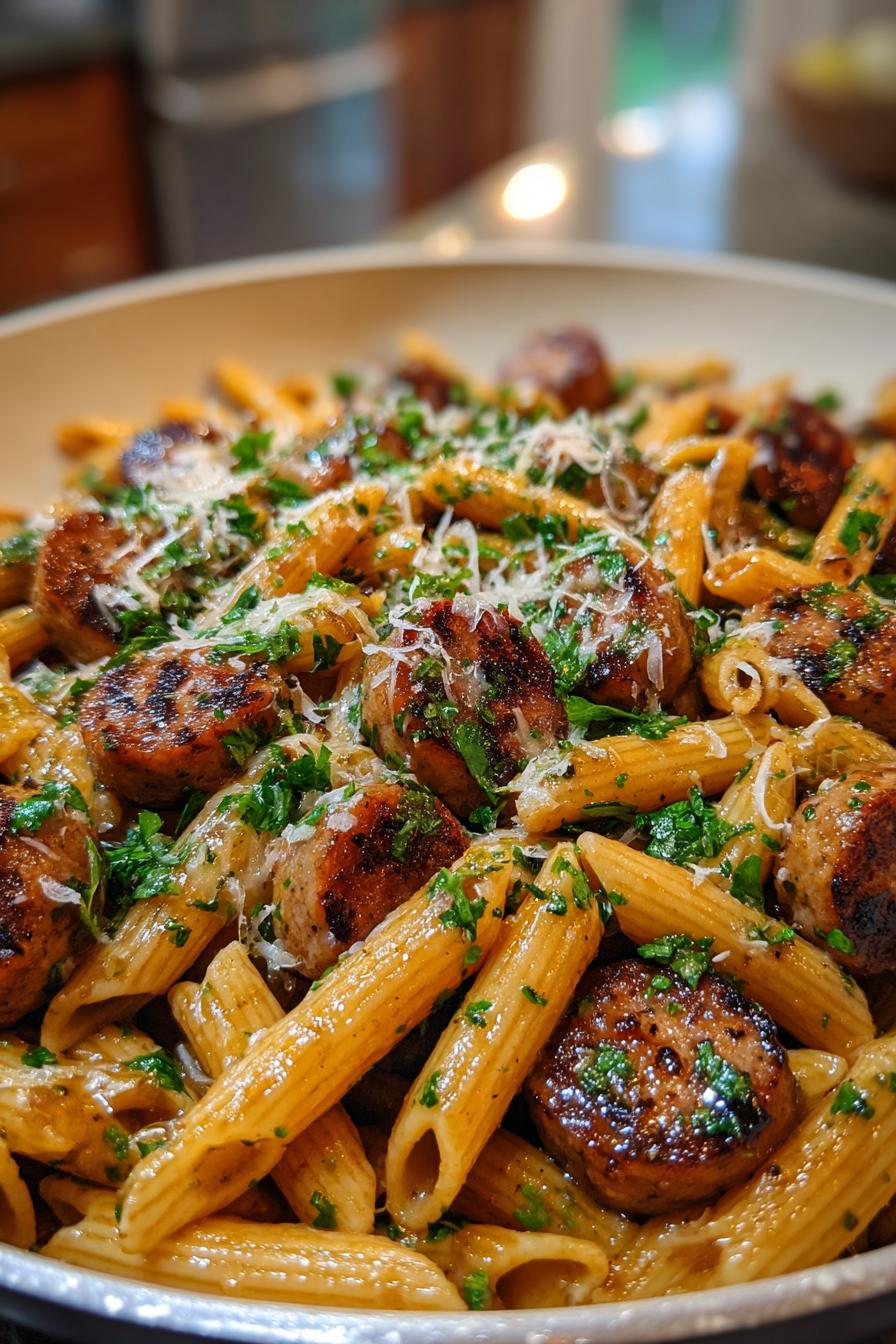 sticky honey garlic sausage pasta skillet - detail 2
